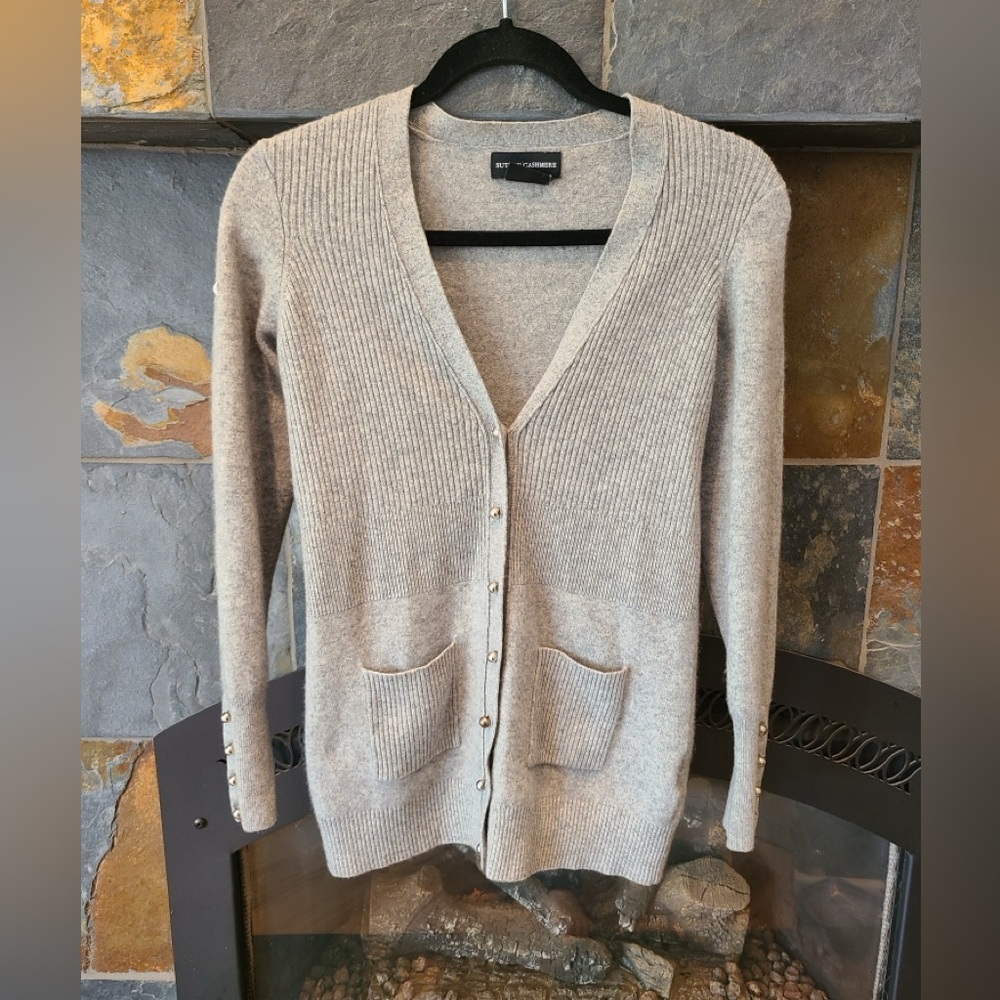Sutton Cashmere light grey long duster length button-front cardigan sweater smal